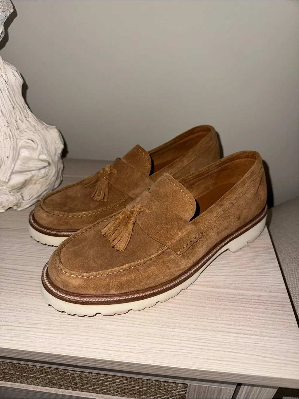 Cole Haan Tan Suede Tassel Loafers with White Lug Sole
